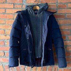 Tommy Hilfiger Navy Blue Puffer Jacket with Removable Gray Sweatshirt Hood, XS